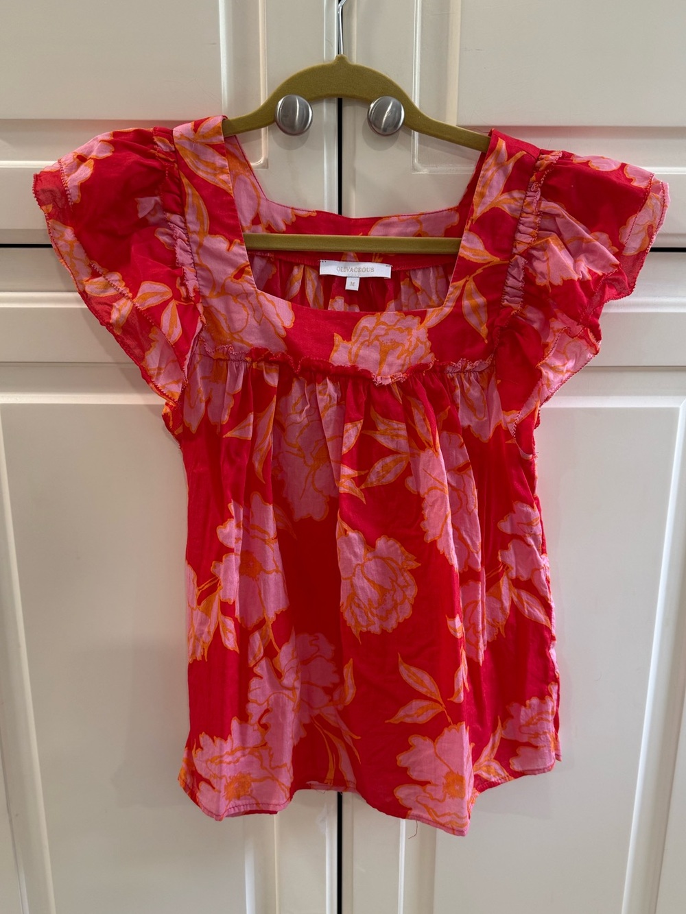 Olivaceous Red Floral Flutter-Sleeve Blouse